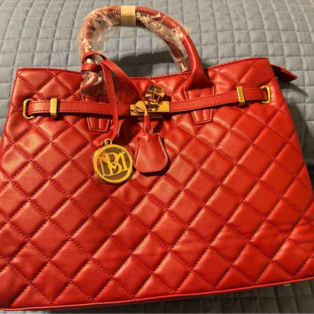 Badgley Mischka Red Quilted Satchel with Gold Accents